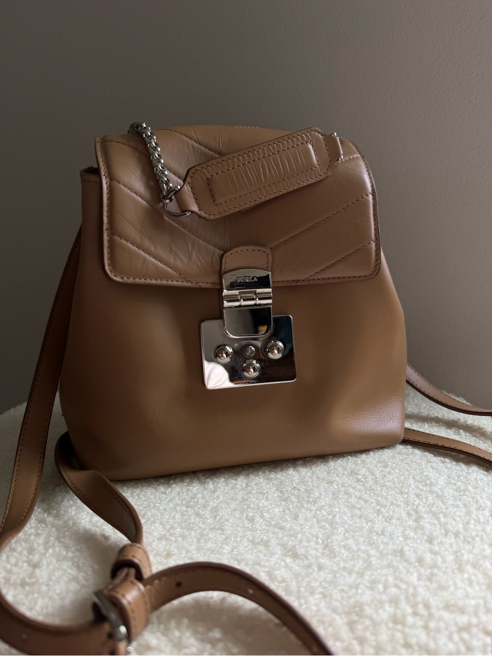 Furla Cognac Leather Backpack with Silver-Tone Lock